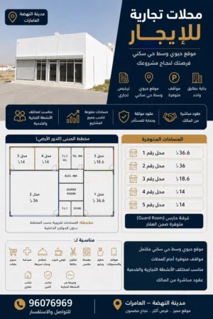مدينة النهضة – العامرات مساحات تبدأ من 14 م2 حتى 36.6 م
