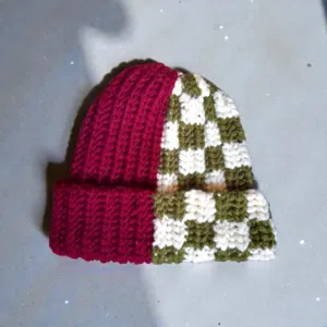 Handmade crochet half burgundy red half olive and cream checkered ribbed chunky beanie adult size