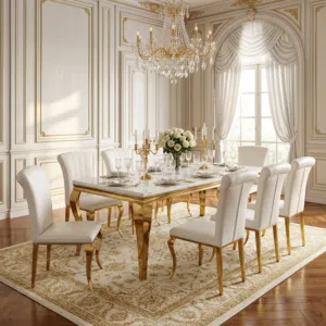 طاولة طعام ستيل رخام 8 مقاعد - ذهبي