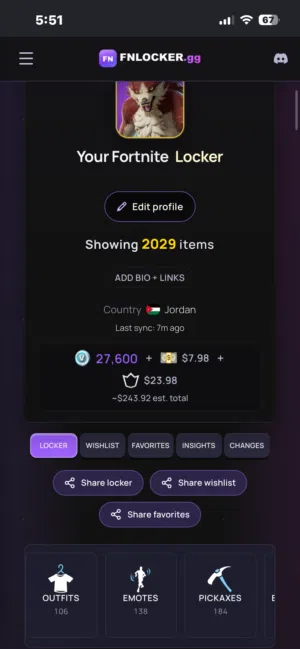 حساب Fortnite للبيع  • 2029 عنصر • 106 سكنات • 138 رقصة • 184 بيكاكس • 27,600 V-Bucks