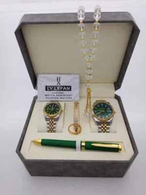 طقم ساعات رجالي ونسائي فاخر مقاوم للماء بثلاثة ألوان (أخضر – ذهبي – فضي) مع سبحة كريستال وسوار أنيق