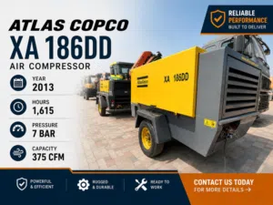 Atlas Copco XA 186DD Air Compressor Year 2013 Hours: 1,615 7 BAR 375 CFM