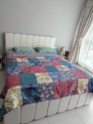 Beige upholstered Bed frame with hydraulic storage