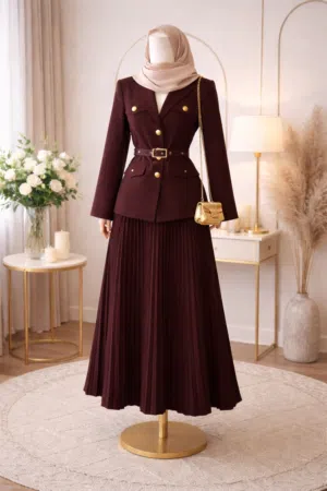 طقم  كامل ثلاث قطع سترة وتنورة وحزام لون جوزي كلش راقي وفخم بلبس مستخدم فقط مره وحده