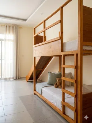 سرير خشبي جديد بالزحليقة – متعة، أمان، واستغلال ذكي للمساحة