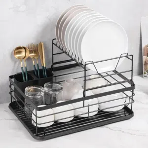 2 TIER DISH DRYING RACK – BLACK COUNTERTOP KITCHEN RACK WITH CUTLERY HOLDER AND DRAIN TRAY