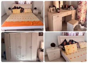 King Size Bedroom Set – Bed + Mattress + 2 Side Tables + 3-Door Wardrobe + Dresser