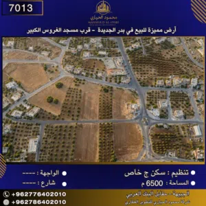 إعلان رقم (7013) أرض مميزة للبيع في بدر الجديدة - قرب مسجد الغروس الكبير 6500 متر2