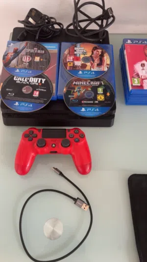 PS4 Slim Gaming Bundle – 8 Games, Controller & Cables – Fully Working