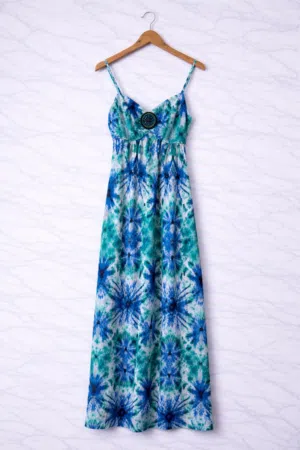 فستان نسائي ماكسي ، صيفي طويل باللون الأزرق مع طبعات شاطئية ناعمة مقاس لارج L