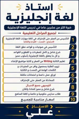 استاذ إنجليزي لكافة المراحل الدراسية الثانوية و الأساسية و المحادثة