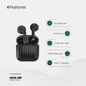 سماعات أذن لاسلكية حقيقية من Green Lion Austin مع ميكروفون مدمج، صوت عالي الدقة.