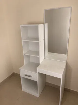 Vanity with shelves, one drawer and stool