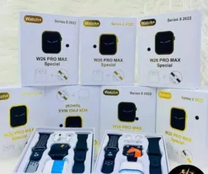 طقم الساعة الذكية المميزة موديل W26 Pro Max مع سماعة بلوتوث وكستك إضافي