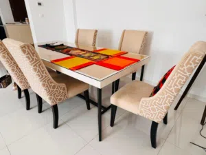 Arabic-style dining table set with 6 chairs + matching TV console, coffee table and 2 side tables