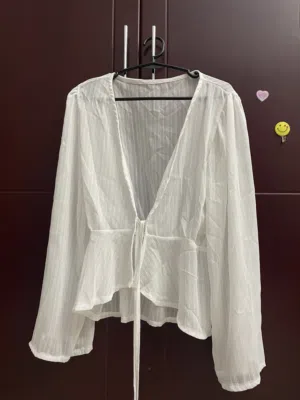Ethereal White Sheer Tie-Front Blouse with Flare Sleeves