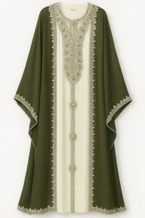 قفطان مغربي جاهز من ثلاث قطع (القفطان + بشت + حزام ) زيتوني
