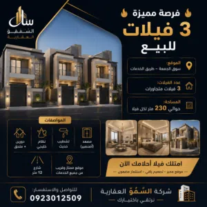 فرصة مميزة –3 فيلات متجاورات للبيع الموقع: سوق الجمعة – طريق الخدمات تفصيل خليجي