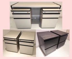Office Desk Set: Metal Desk & Drawers, Wooden Sidetables