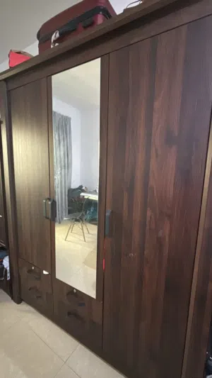 Solid Wood 3- Door Wardrobe with Mirror - Dark