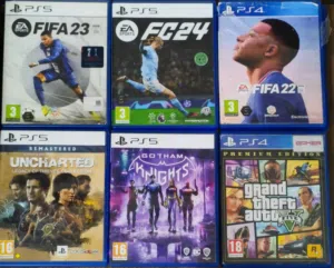 للبيع باقة بلايستيشن: كورة + أكشن + GTA"* *"6 دسكات PS4/PS5 نظاف - كورة، مغامرة، وجريمة"* والسعر