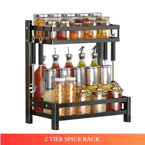 2 LAYER COUNTERTOP SPICE RACK – METAL KITCHEN SPICE ORGANIZER SHELF FOR CONDIMENTS & STORAGE