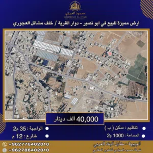 إعلان رقم (6388) أرض مميزة للبيع في أبو نصير – دوار القرية – خلف مشاتل العجوري / 1000 م2