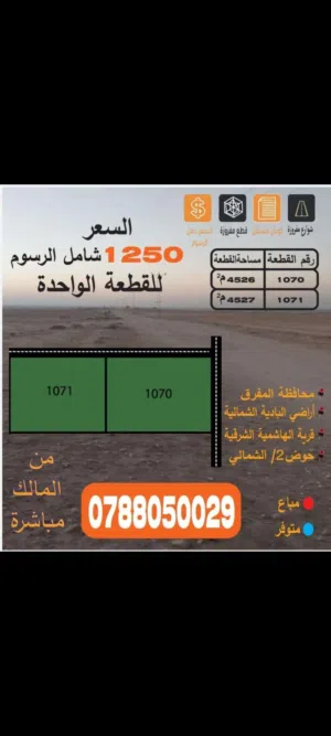 أرض للبيع من المالك 4 دونم 527 م المفرق الهاشمية الشرقية بسعرمغري 1250دينار لكامل القطعة شامل الرسوم