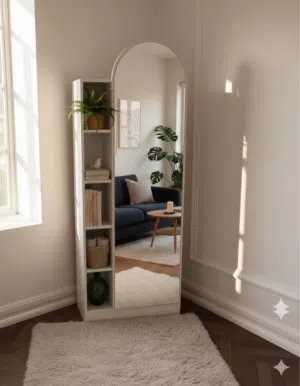 مرآة أرضية فاخرة مع رفوف جانبية – قطعة ديكور تخطّف الأنظار حوّلي أي زاوية في بيتك لمساحة أنيقة