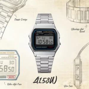 CASIO VINTAGE A158WA-1 • 1/100-second stopwatch • LED light • Stainless steel band • Water resistan