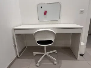 IKEA MICKE Desk & IKEA LOBERGET CHAIR + whiteboard + waste bin