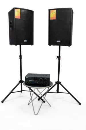 نظام صوت عالي جودة جوز سماعات 15 انش مع استاذثقيل وجهاز مع 20 متر اسلاك دبل مايكروفون لاسلكي نظام شح