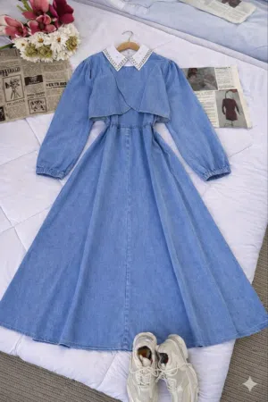 فستان جينز قطعتين دبل كلوش