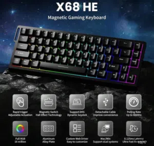 كيبورد attack shark x68 HE جديد مسكر لون اسود بأقل سعر ومتوفر توصيل لكافة انحاء المملكة