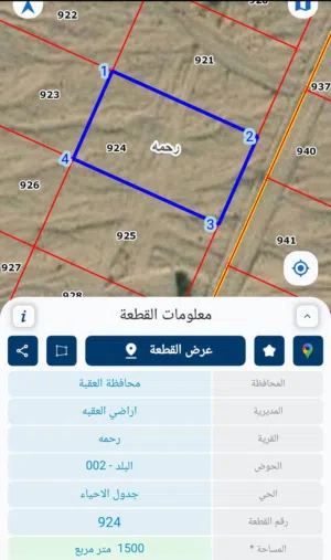 للبيع قطعه ارض بمحافظة العقبه قريه رحمه 1500 متر
