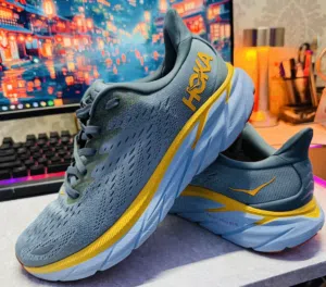 HOKA Clifton 8 Running Gray Yellow Men’s Shoes Original  Size US -8.5 Authentic