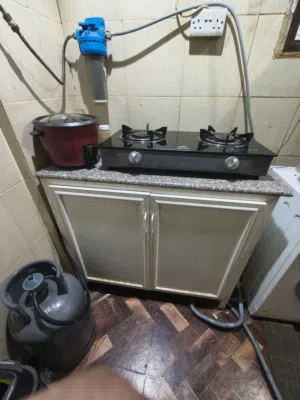 kitchen cabinet with marble, Stove, microwave