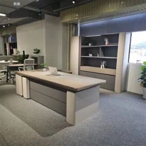 Modern L-shaped executive office desk.