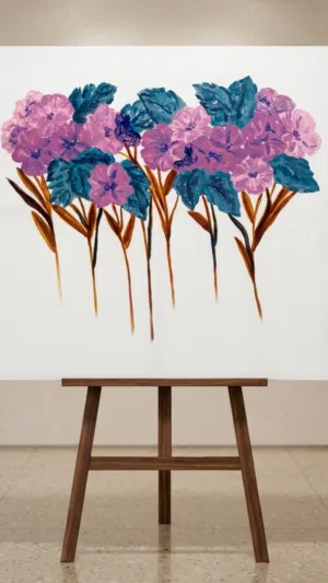 The painting is an expressive, stylized cluster of blooming flowers.
