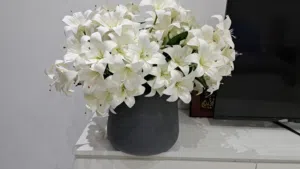 ورد ابيض صناعي مع القاعده باللون الرمادي