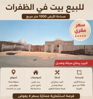 للبيع بيت في الظفرات قريب من ولاية محوت