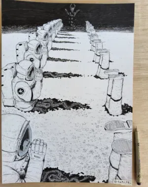 رسمتي من مانغا رجل المنشار اعرضها للبيع بسعر 59 الف تحفة فنية لوحة واحدة فقط قياس 42 ×29 cm
