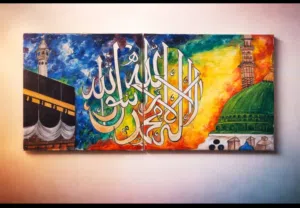 Handmade Islamic Wall Art – Kaaba & Madinah Canvas (2 Panels)  Premium Home Décor