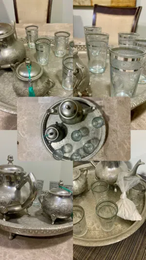 Traditional Moroccan Tea Set — Silver Plated Tray, Teapot, Sugar Bowl Glasses