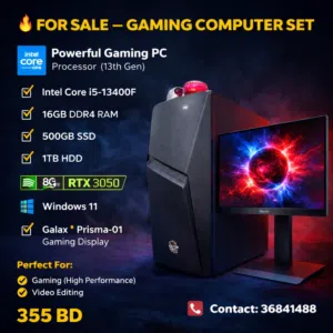 Gaming PC Deal – 13th Gen i5  16GB RAM  512GB SSD + 1TB HDD  RTX 3050 8GB  24" Monitor