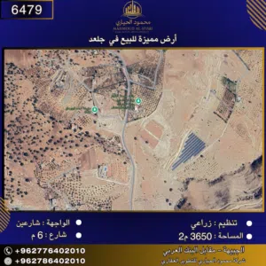 إعلان رقم (6479) أرض مميزة للبيع في جلعد - 3650 م2