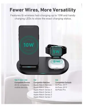 شاحن لاسلكي جديد غير مستخدم  Aukey 3-in-1 Wireless Charging Station, Black, LC-A3