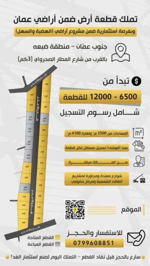 ارض للاستثمار المضمون للبيع جنوب عمان ضبعه طريق المطار