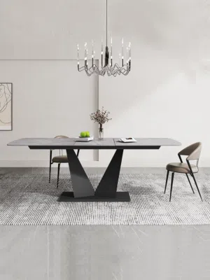 طاولة طعام مستطيلة مصنوعة من البورسلان قابلة للتمدد وبقواعد معدنية تصميم عصري وجذاب تتسع 6-8 اشخاص