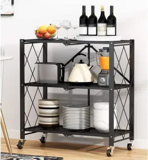 3 Layer Foldable Trolley Rack, Foldable Kitchen Storage Rack 3 Tier